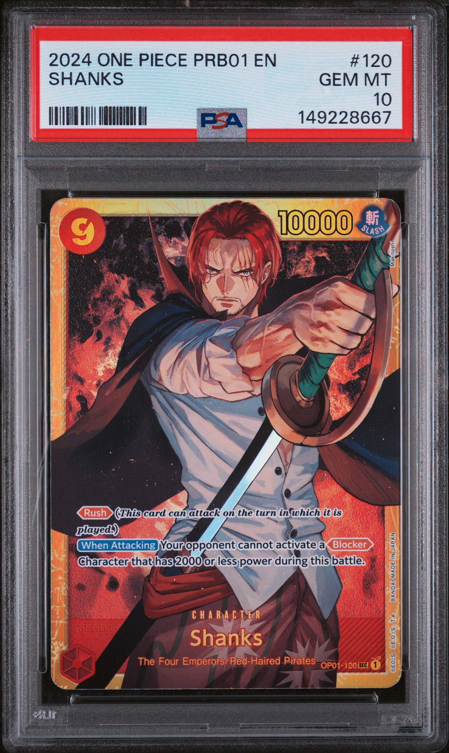 2024 #120 Shanks PSA 10 One Piece Prb01-Premium Booster -One Piece Card The Best-