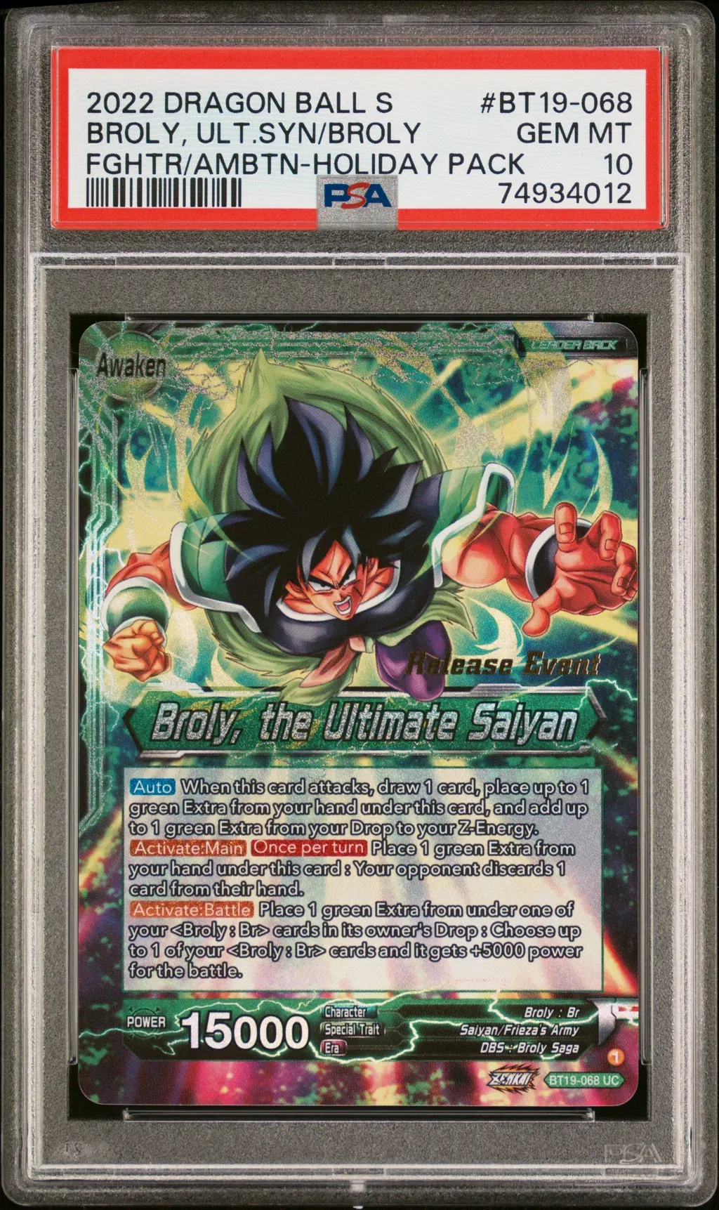 2022 #Bt19-068 Broly/Broly, The Ultimate Saiyan PSA 10 Dragon Ball Super Card Game Series 19 Fighter'S Ambition Holiday Pack
