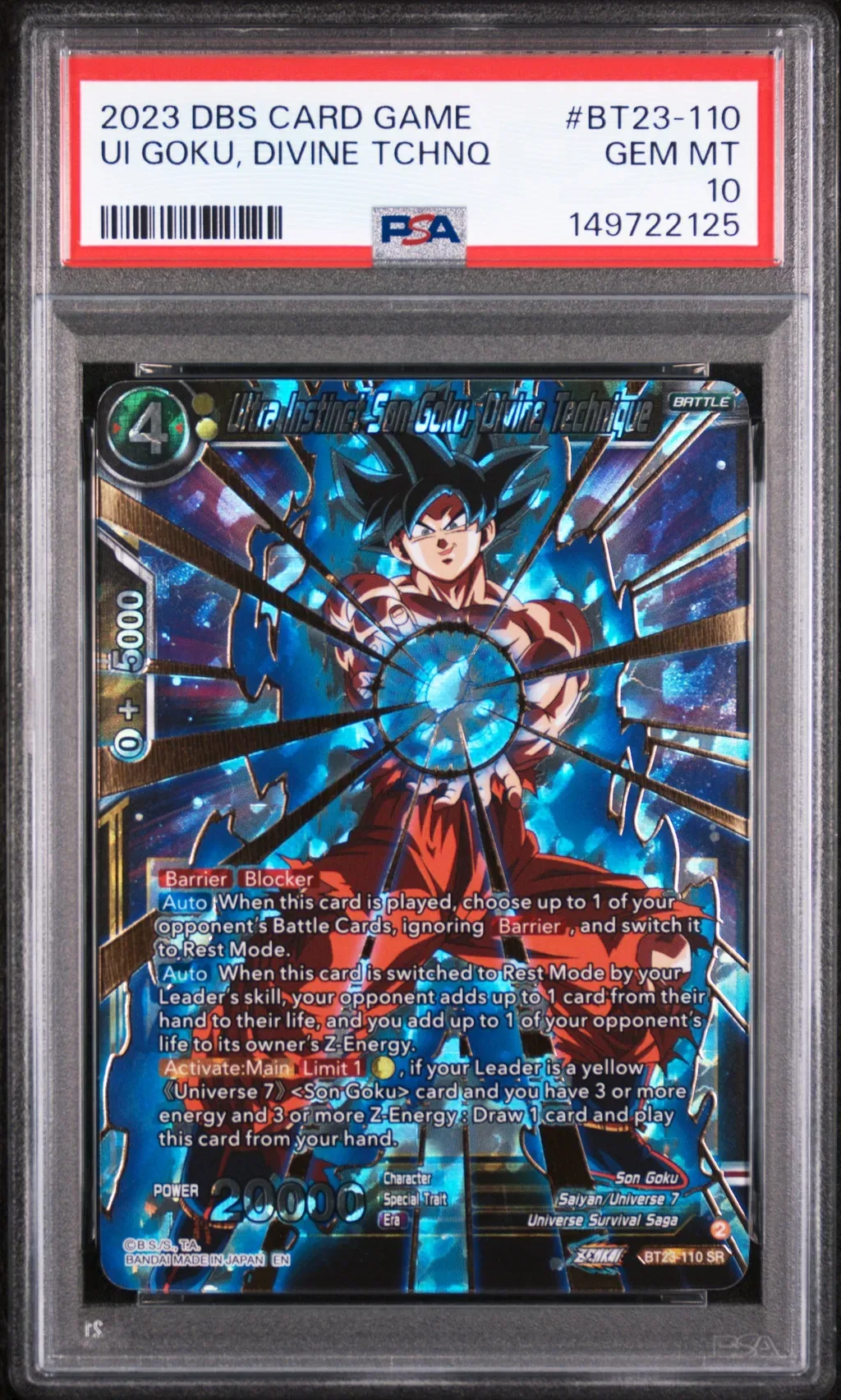 2023 #Bt23-110 Ultra Instinct Son Goku, Divine Technique PSA 10 Dragon Ball Super Card Game Series 23 Perfect Combination