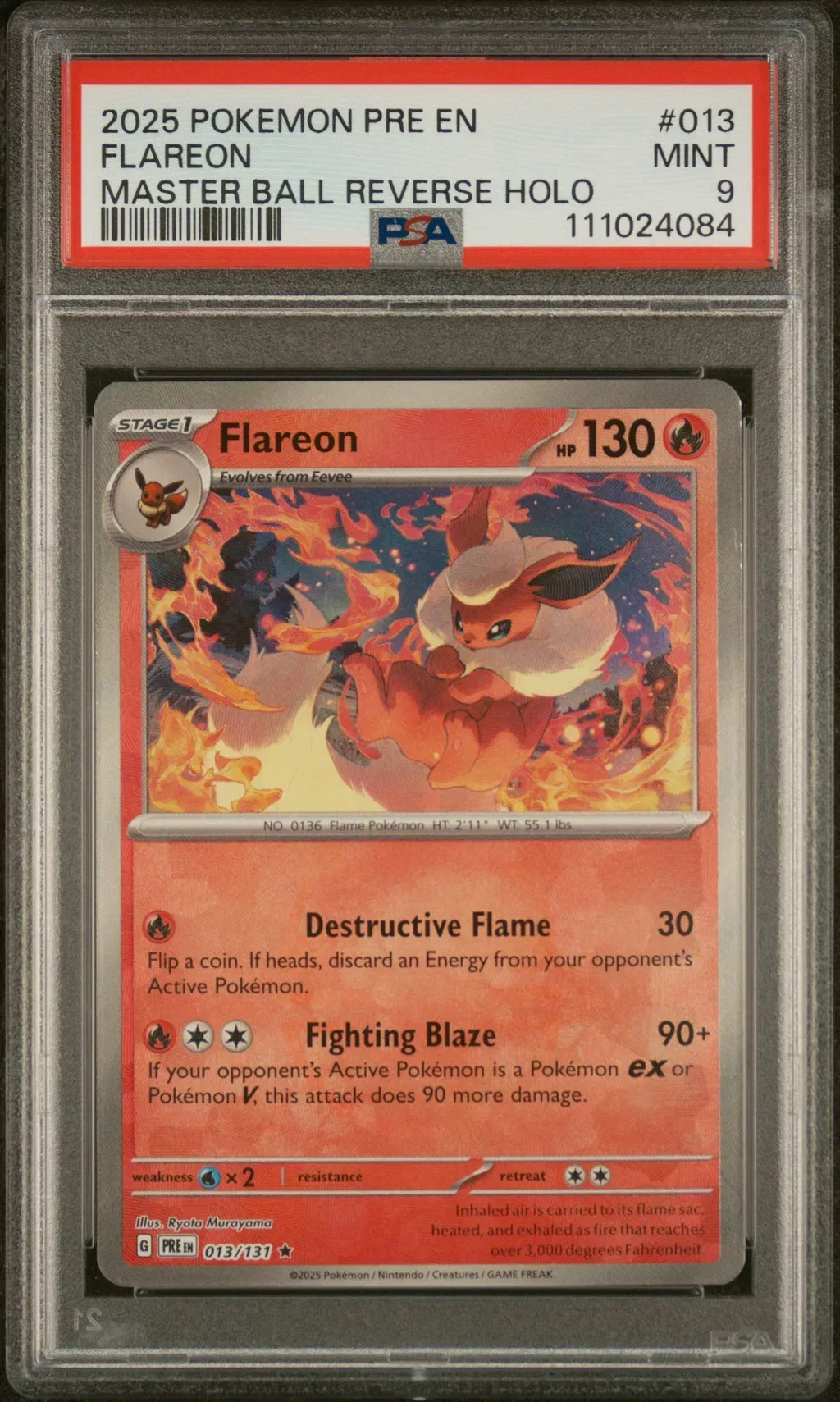 2025 #013 Flareon Master Ball Reverse Holo PSA 9 Pre En-Prismatic Evolutions
