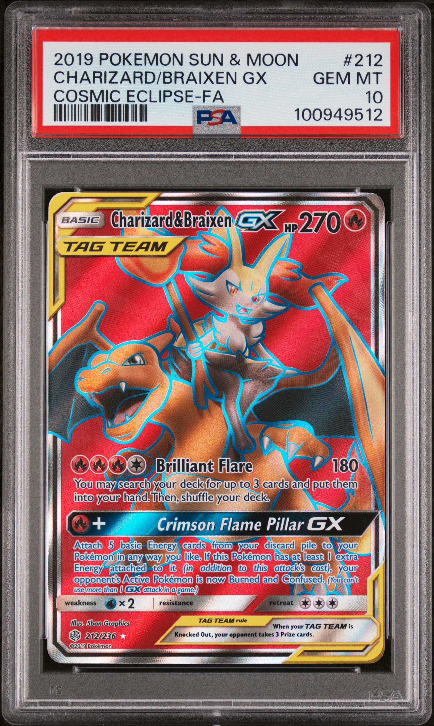 2019 #212 Full Art/Charizard & Braixen Gx PSA 10 Sun & Moon Cosmic Eclipse