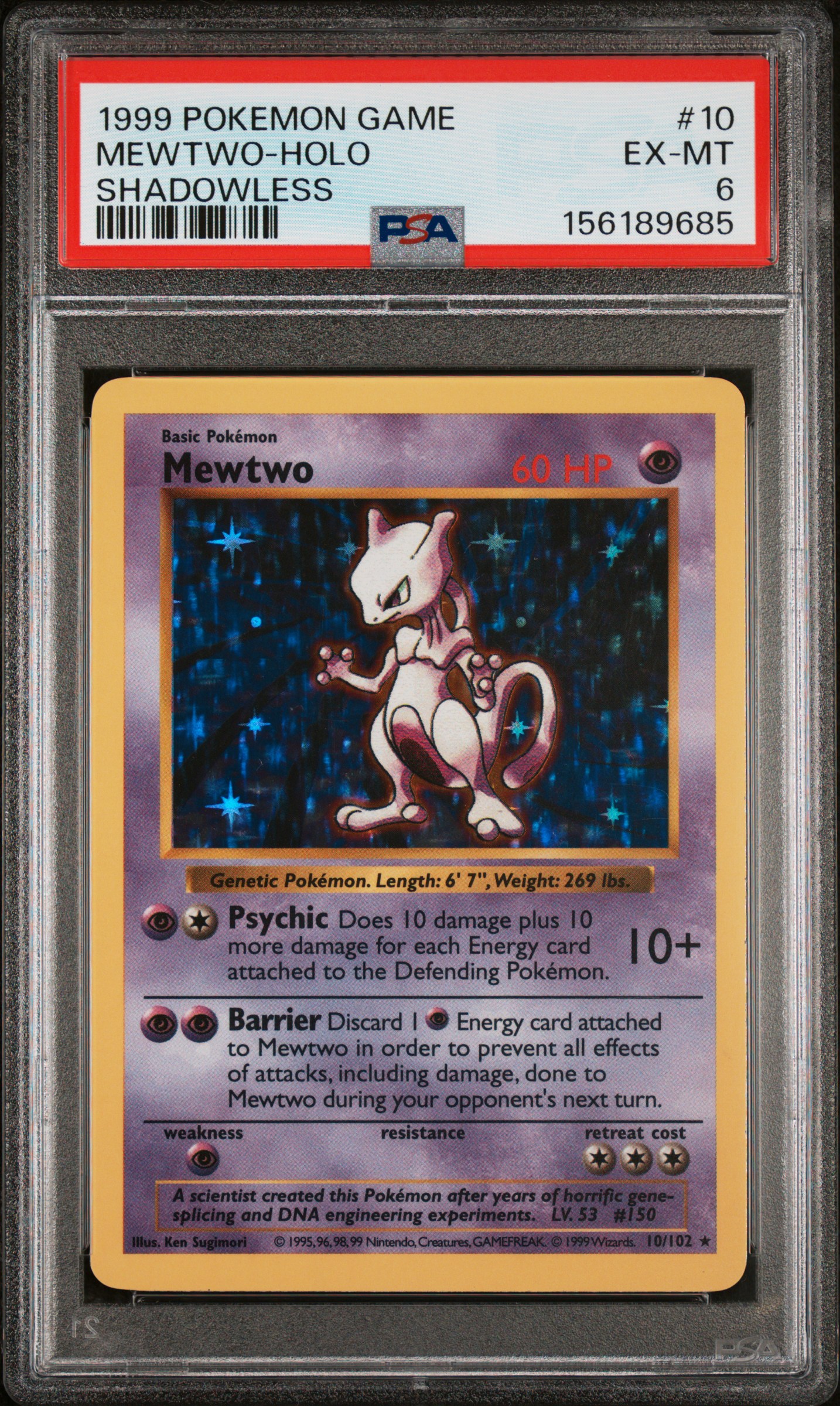 1999 #10 Mewtwo-Holo Shadowless PSA 6 Game