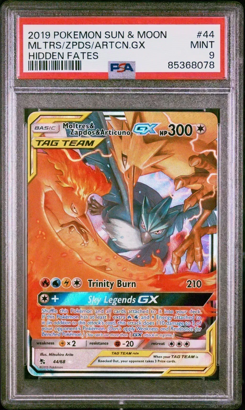 2019 #44 Moltres & Zapdos & Articuno Gx PSA 9 Sun & Moon Hidden Fates