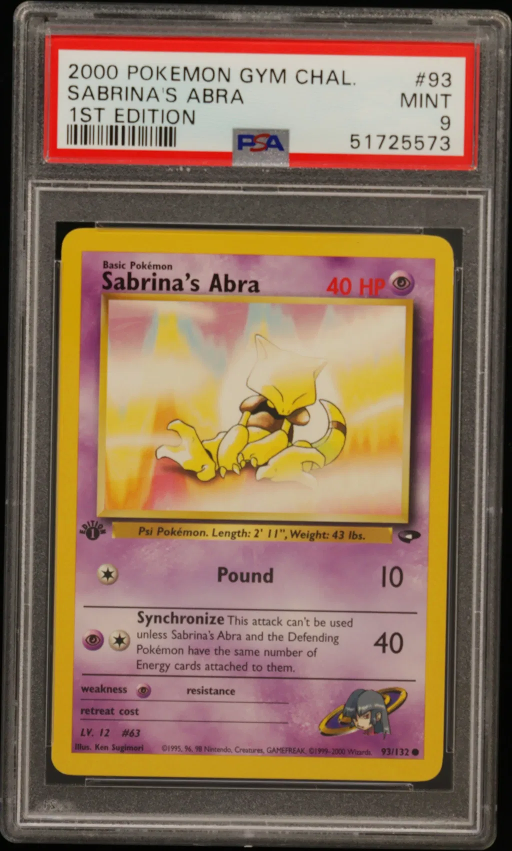 2000 #93 Sabrina'S Abra 1st Edition PSA 9 Gym Challenge