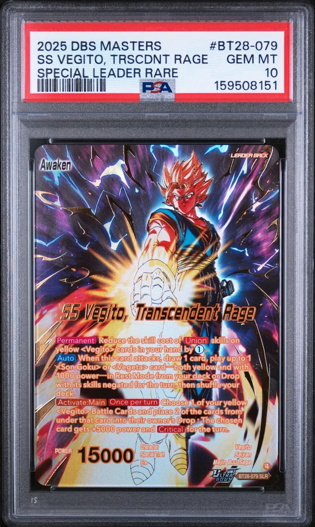 2025 #Bt28-079 Ss Vegito, Transcendent Rage/Vegito PSA 10 Dragon Ball Super Card Game Masters Series 28 Prismatic Clash