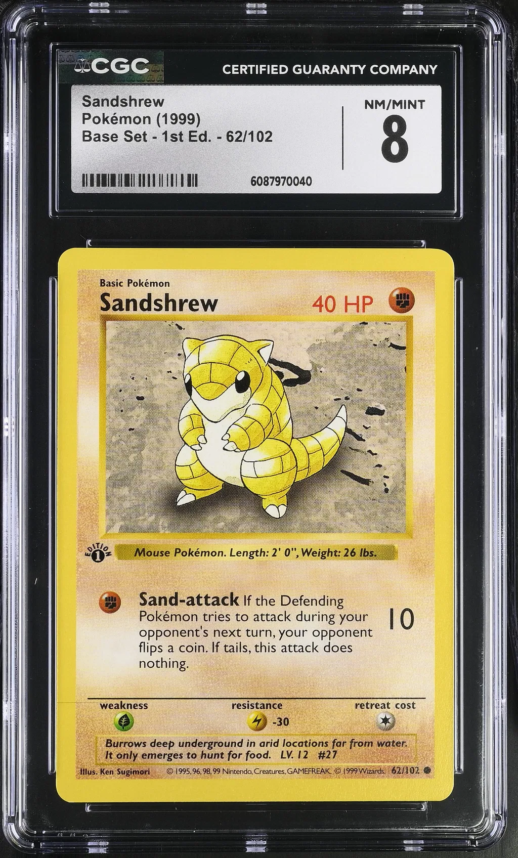 1999 #62 Sandshrew CGC 8 Base Set - 1st Edition - English